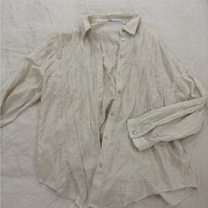 Zara Beige Floral Embroidered Shirt